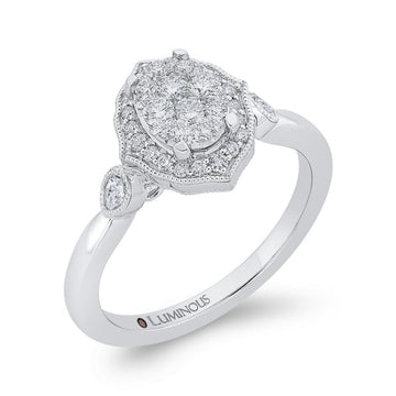 Round Diamond Oval Shape Halo Engagement Ring in 14K White Gold